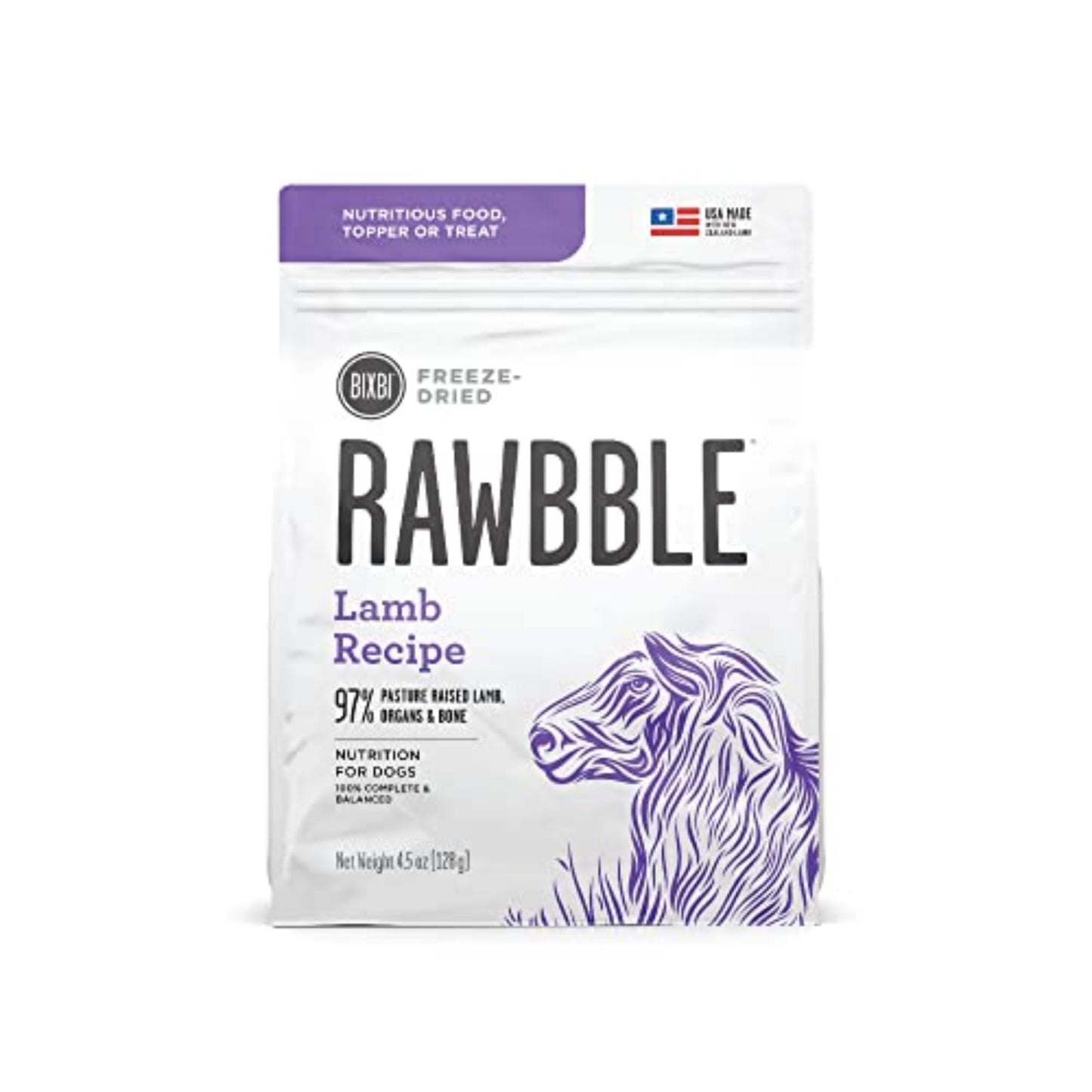 BIXBI Rawbble Freeze Dried Dog Food, Lamb Recipe, 4.5 oz - 97% Meat and Organs, No Fillers - Pantry-Friendly Raw Dog Food for Meal, Treat or Food Topper - USA Made in Small Batches