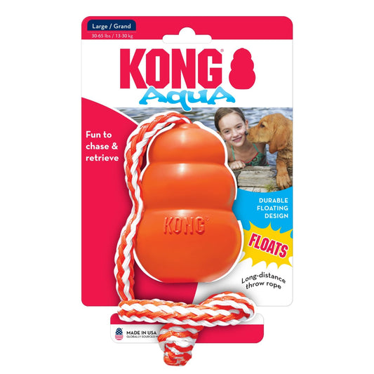 KONG Aqua Floating Fetch Toy - Dog Floating Toy for Water Retrieval, Play, Exercise & More - Natural Rubber Dog Toy with Foam Interior & Rope for Farther Throwing - Orange, for Large Dogs