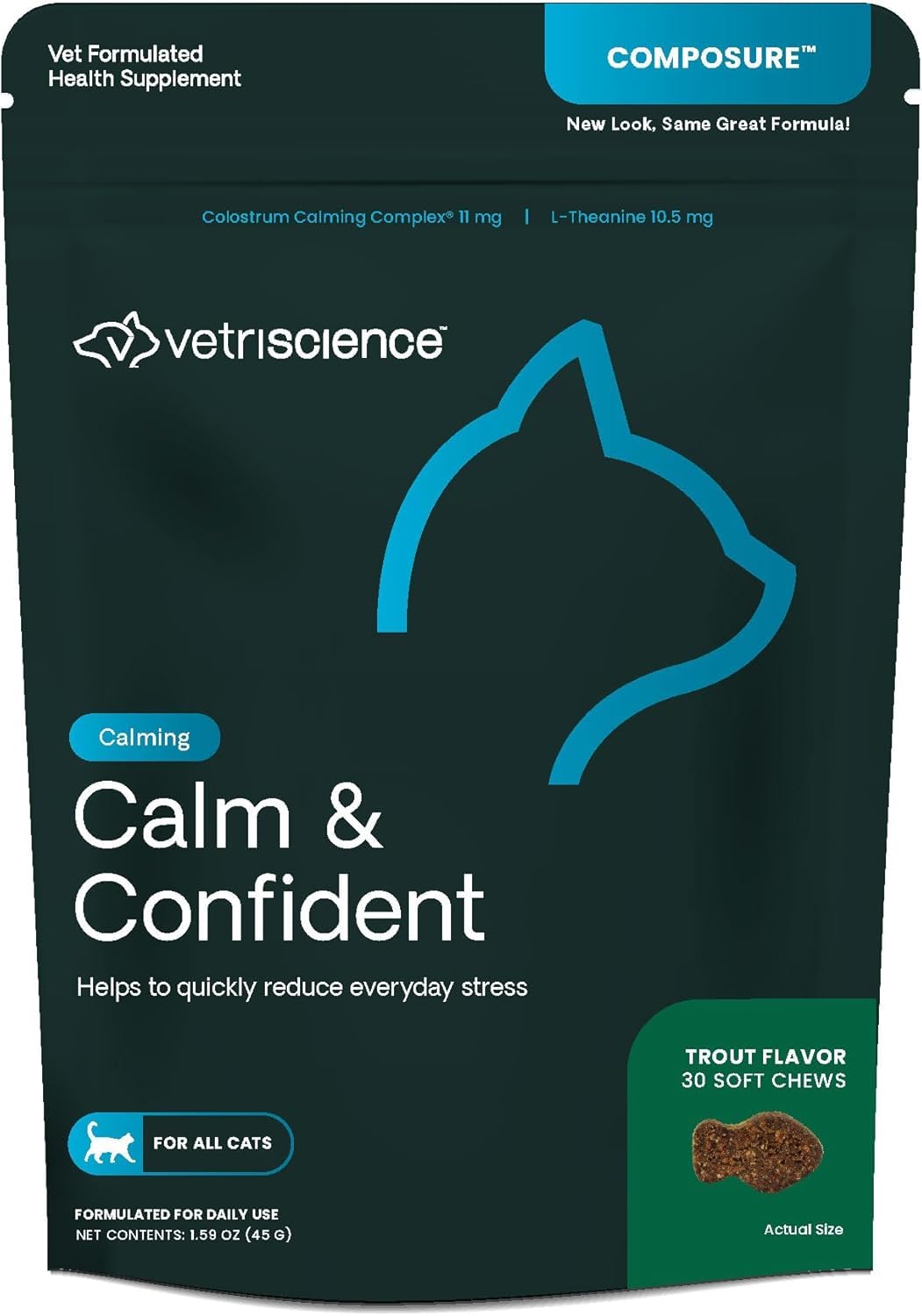 VetriScience Calm & Confident Chews, Composure Calming and Anxiety Supplement for Cats, Reduce Stress and Fear, Ideal for Travel, Vet, Grooming and Routine Changes, Trout, 30 Count