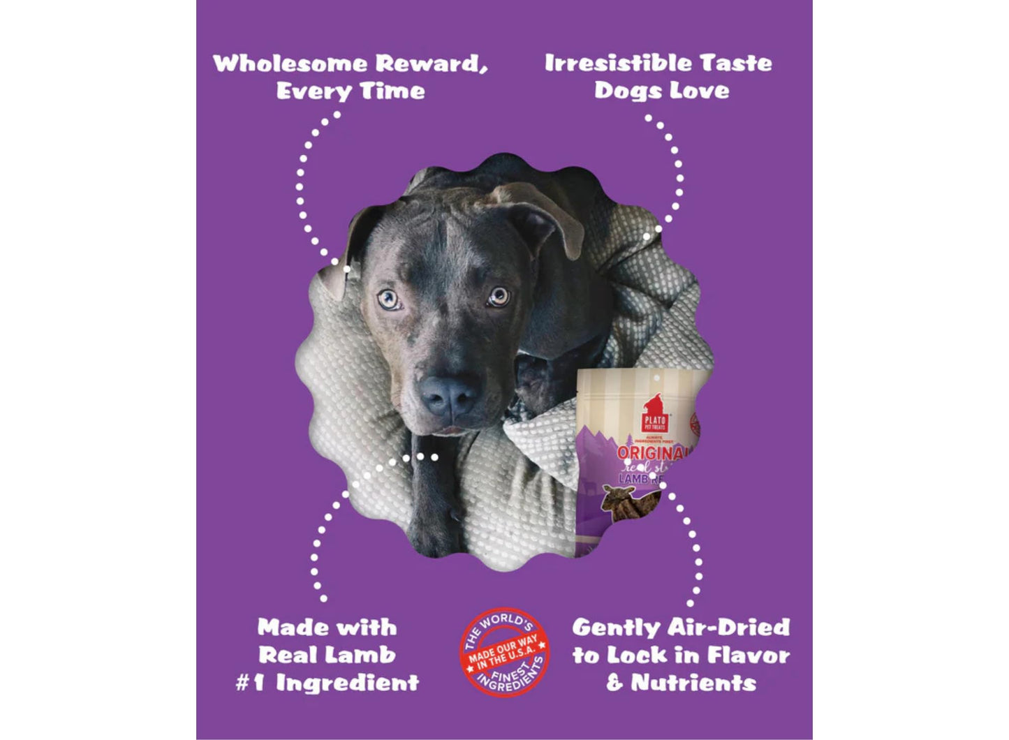 PLATO Lamb Dog Treat Variety Pack – 3 Count (Small Bites 2.5oz, Real Strips 6oz, Mini Thinkers 3oz) – Soft, Air-Dried, Grain-Free Training & Snack Treats