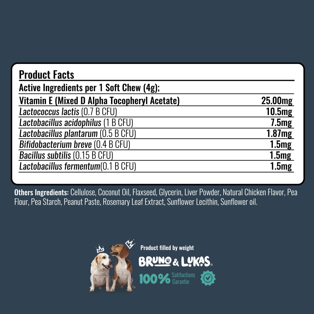 Bruno & Lukas Probiotics Treats for Dogs Support Gut Flora Health Diarrhea Digestive Itchiness Bowel Aid – Dog Supplement for Pet Immune System – Tasty Alternative Chicken Liver Flavor (90 Chews).