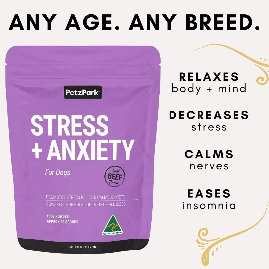 Stress and Anxiety Supplement for Dogs - Calming Dog Powder Supplement - Decreases Stress, Calms Fear & Anxiety, Eases Aggression & Insomnia, Relaxes Body and Mind - Beef Flavour - 6.4oz - 90 Scoops