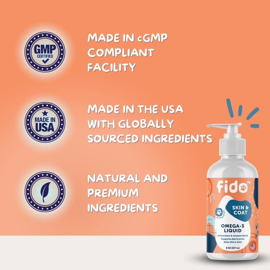 Fido Omega 3 Fish Oil for Dogs, 8 oz | EPA & DHA-Enriched for Skin, Coat, Joint & Heart Health | Tasty Supplement for All Breeds | Made in USA | Ideal for Sensitive Skin