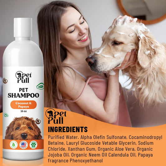 Pet Pull Pet Shampoo for Dogs - Plant-Based Dog Shampoo Cleanser - Dog Wash Pet Supplies for Pets with Coconut and Papaya Scent - Safe and Gentle Sensitive Skin Dog Shampoo - Made in The USA (16Oz)