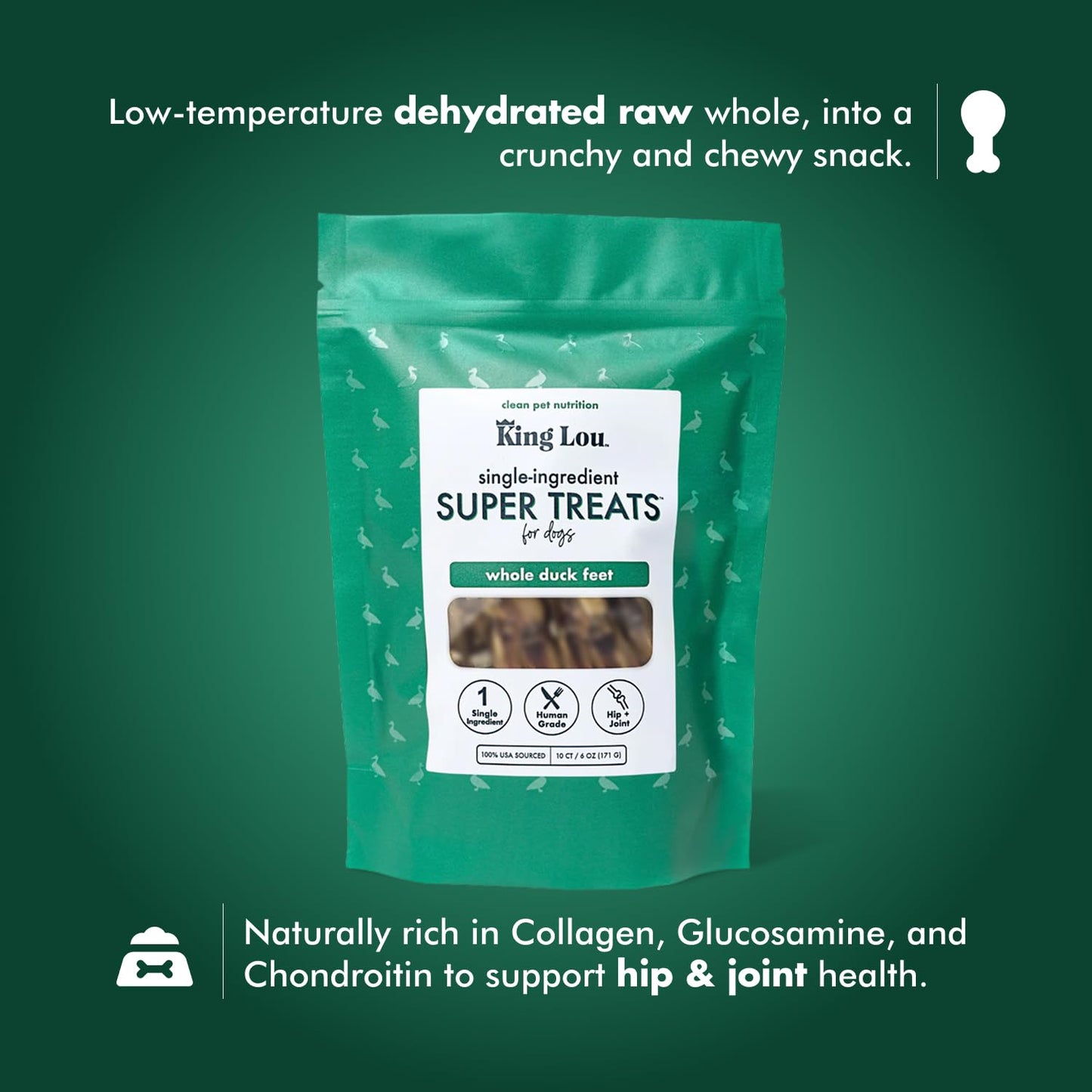 King Lou Pets - Whole Duck Feet for Dogs - Dehydrated Duck Dog Treats - USA-Made Dental Treats for Dogs - Collagen, Glucosamine, Chondroitin for Hip and Joint Health - 10 Count