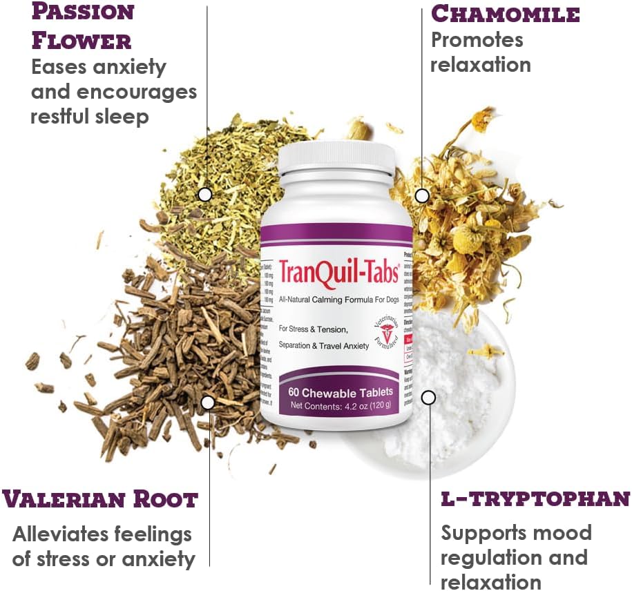 TranQuil-Tabs for Dogs - Contains Chamomile, L-Tryptophan, and Melatonin - Relieves Stress and Tension - Ease Travel and Separation Anxiety - 60 Tabs