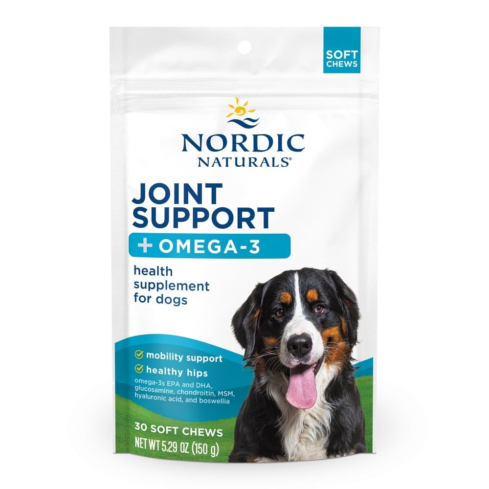 Nordic Naturals Pet Joint Support + Omega 3 Soft Chews for Dogs, Pork Bone Broth Flavored - Promotes Mobility, Hip and Joint Support with Omega-3 Fish Oil, MSM, EPA & DHA - 30 Non-GMO Chews