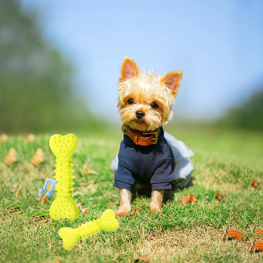 RUIFANDAHK Squeaky Toys Bone Shape Yellow Puppy Teething Toys Dog Toys for Aggressive Chewers Natural Rubber Chew Toys for Small/Medium Dogs Dog