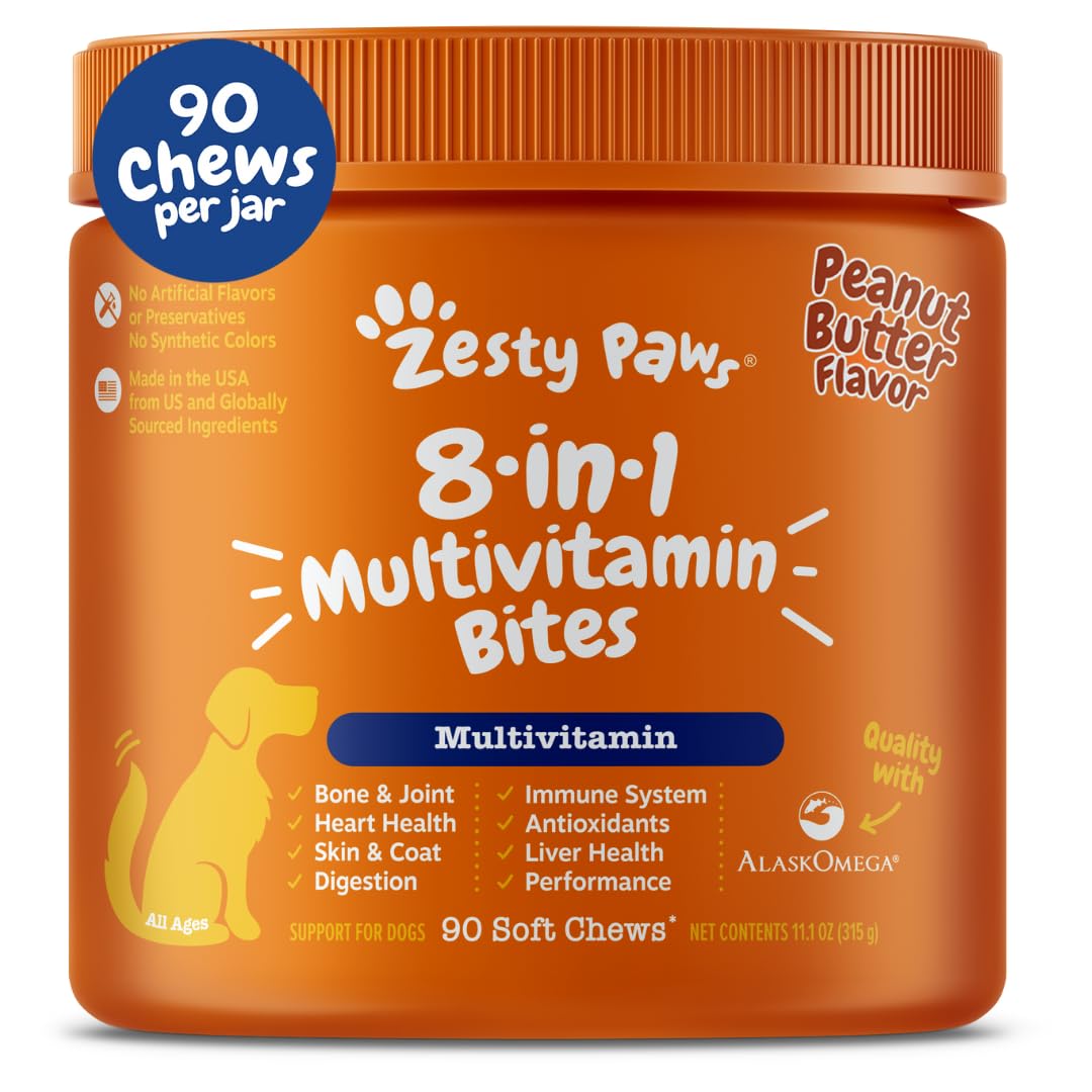 Zesty Paws Multivitamin Treats for Dogs, Glucosamine Chondroitin Joint Support + Digestive Enzymes & Probiotics, Grain Free Dog Vitamins and Supplements for Skin & Coat, Peanut Butter - 90ct