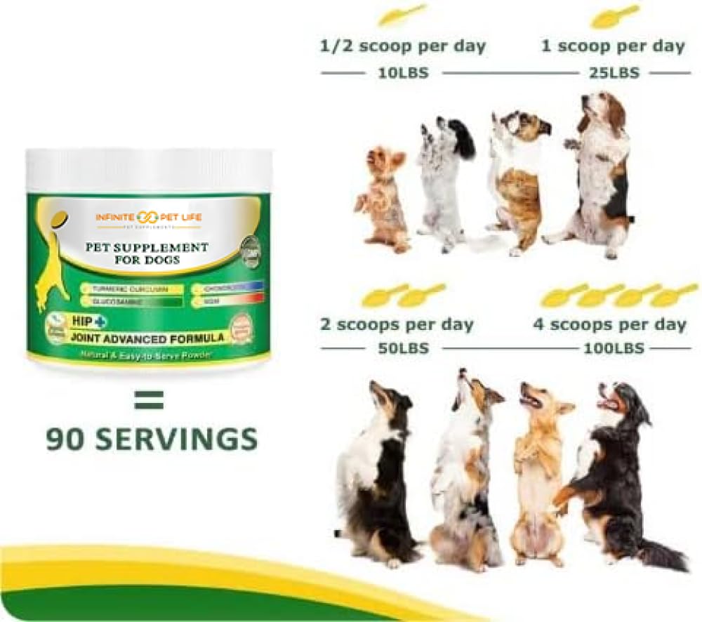 Infinite Pet Life Hip & Joint Supplement Powder for Dogs - Glucosamine, MSM, Chondroitin & Tumeric | Advanced Mobility Support for All Ages & Active Dogs - 12.7 oz
