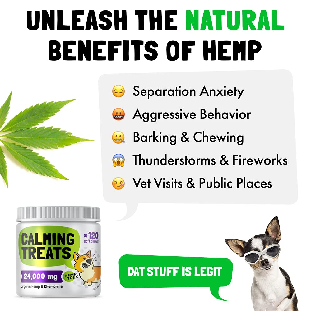 Calming Hemp Treats for Dogs - Made in USA with Organic Hemp - Dog Anxiety Relief - Natural Separation Aid - Helps with Barking, Chewing, Thunder, Fireworks, Aggressive Behavior - 120 Soft Chews
