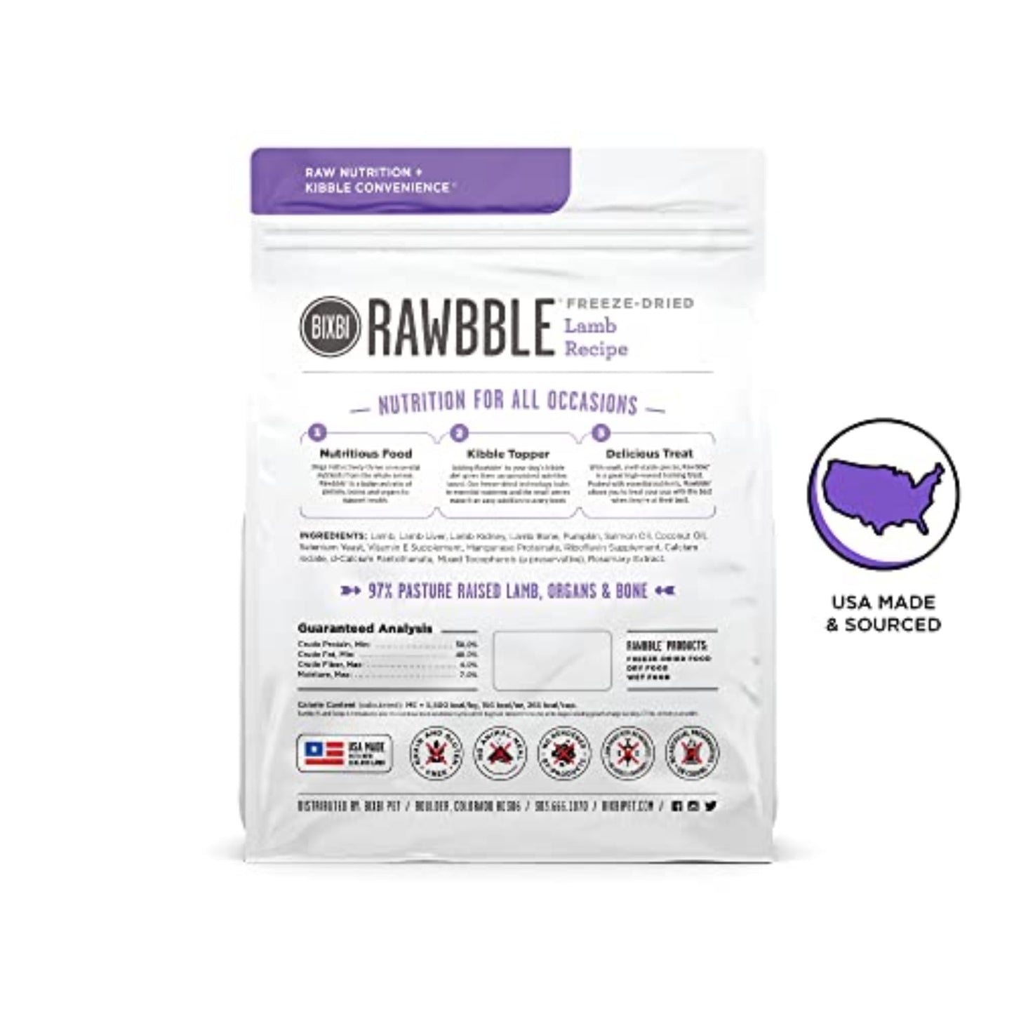 BIXBI Rawbble Freeze Dried Dog Food, Lamb Recipe, 26 oz - 97% Meat and Organs, No Fillers - Pantry-Friendly Raw Dog Food for Meal, Treat or Food Topper - USA Made in Small Batches