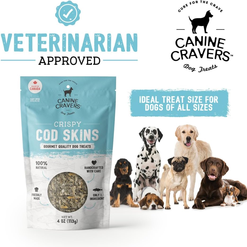 Canine Cravers Single Ingredient Dog Treats – Wild Caught Crispy Cod Skins - Human Grade Air Dried Hypoallergenic Pet Food – Grain, Gluten, and Soy Free – 100% All Natural – 4 oz