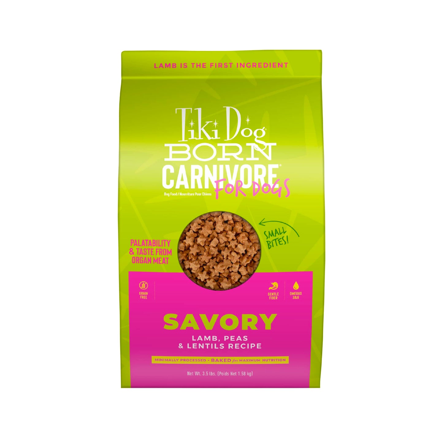 Tiki Dog Born Carnivore for Dogs, Savory Lamb, Peas & Lentils Recipe, Grain Free Baked Kibble for Maximum Nutrition, For Adult Dogs and All Size Breed Dogs, 3.5 lbs. Bag
