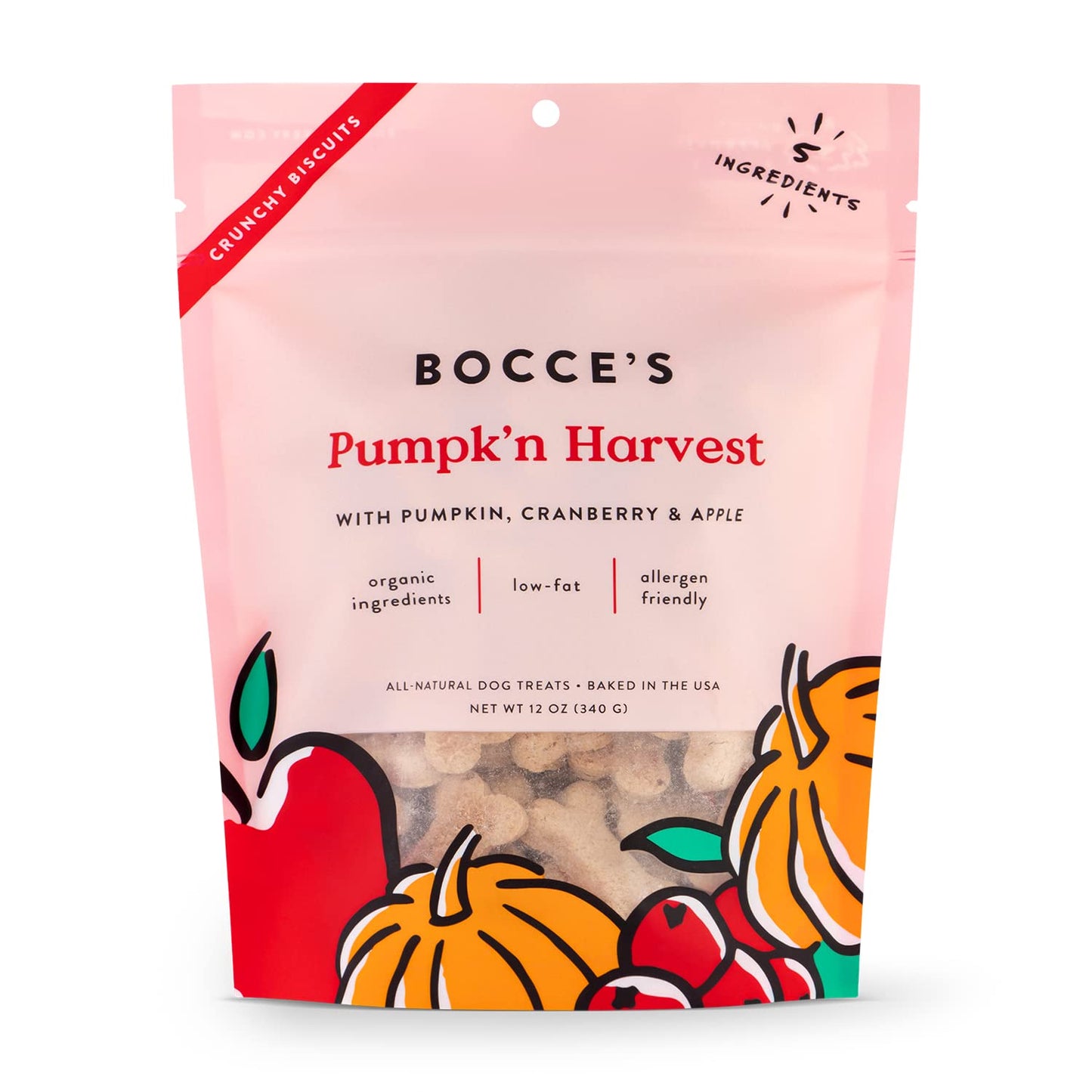 Bocce's Bakery All-Natural, Small Batch, Organic Dog Treats, Pumpk'n Harvest Biscuits, Wheat-Free, Limited-Ingredient, Made in The USA with 100% Recyclable Packaging, 12 oz Bag