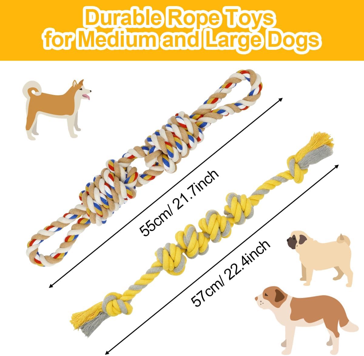 ETACCU Dog Rope Toys for Large Dogs, 2 Pack 22 Inch Heavy Duty Dog Rope Toys for Aggressive Chewers, 100% Cotton Toy for Medium to Large Breed, Indestructible Teeth Cleaning Tug of War Toy