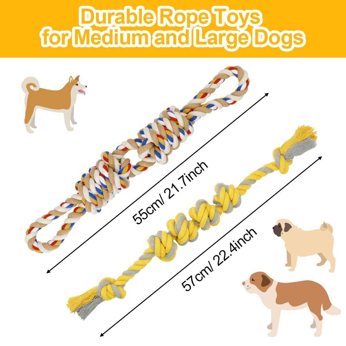 ETACCU Dog Rope Toys for Large Dogs, 2 Pack 22 Inch Heavy Duty Dog Rope Toys for Aggressive Chewers, 100% Cotton Toy for Medium to Large Breed, Indestructible Teeth Cleaning Tug of War Toy