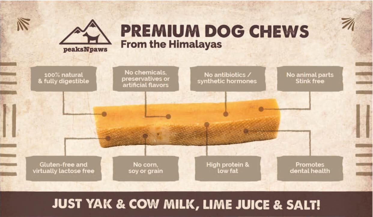 peaksNpaws Himalayan Dog Chews, High Protein Yak Cheese, Lactose Free, Natural Dog Treat, Long Lasting Chew Stick for Aggressive Chewers Under 35 lbs, 3 Medium Sticks, 100% Eco-Friendly Packaging