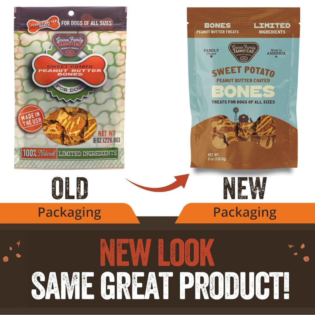 Gaines Family Farmstead Peanut Butter Coated Sweet Potato Dog Bones – 40 oz Bag, Grain-Free, Chewy, Natural Dog Treats for Digestion, Skin, Energy & Immunity – Limited Ingredient, Made in USA