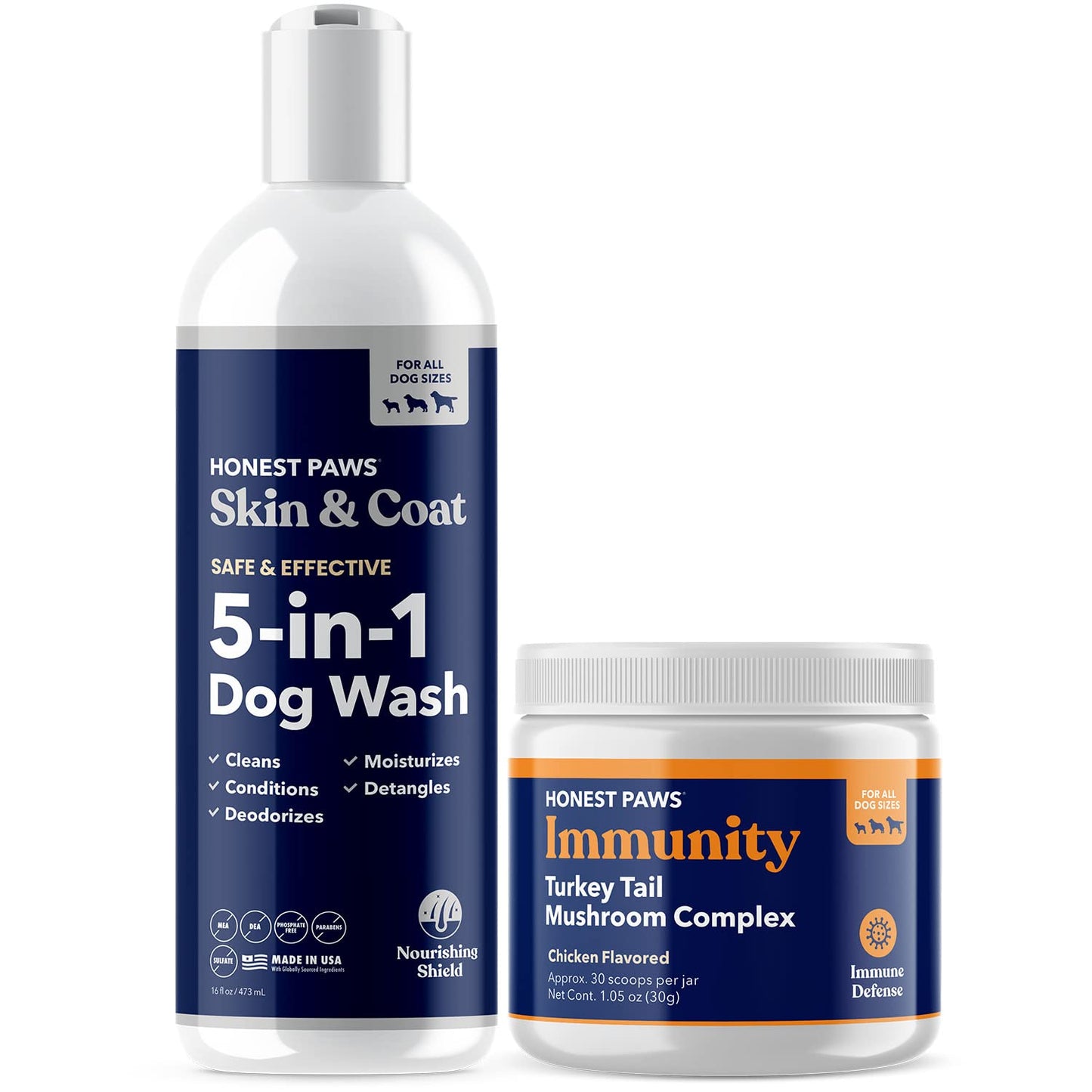 Honest Paws Dog Shampoo and Conditioner - Plant Based, All Natural & Dog Digestive and Immunity Booster with Turkey Tail Mushroom Blend - Bundle