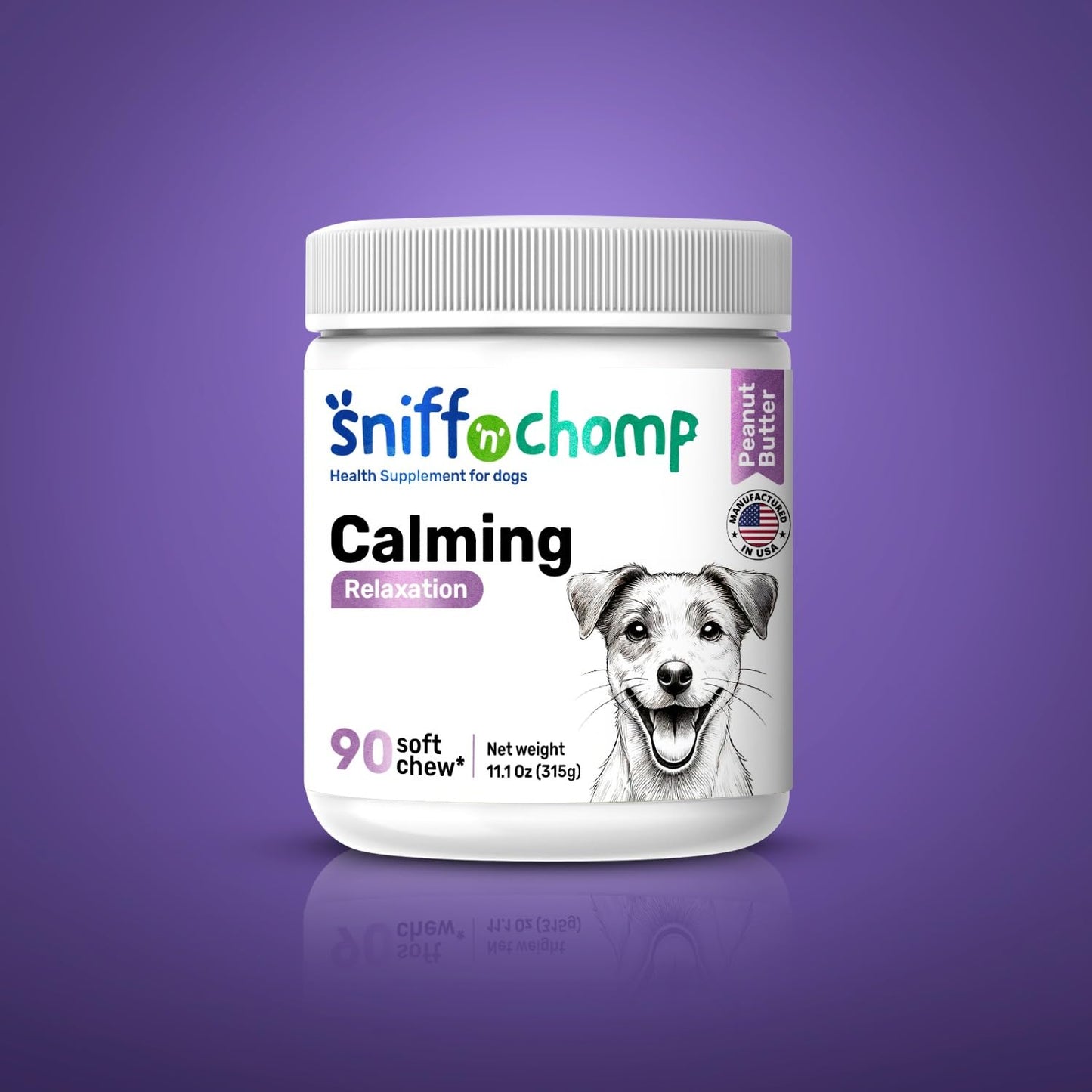 Sniff 'n' Chomp Calm Chews for Dogs Anxiety, Natural Anxiety and Stress Relief, Dog Fireworks Relief, Melatonin for Dog Sleep Aid, Calming Chews for Dogs, Peanut Butter Flavor, 90 Units.
