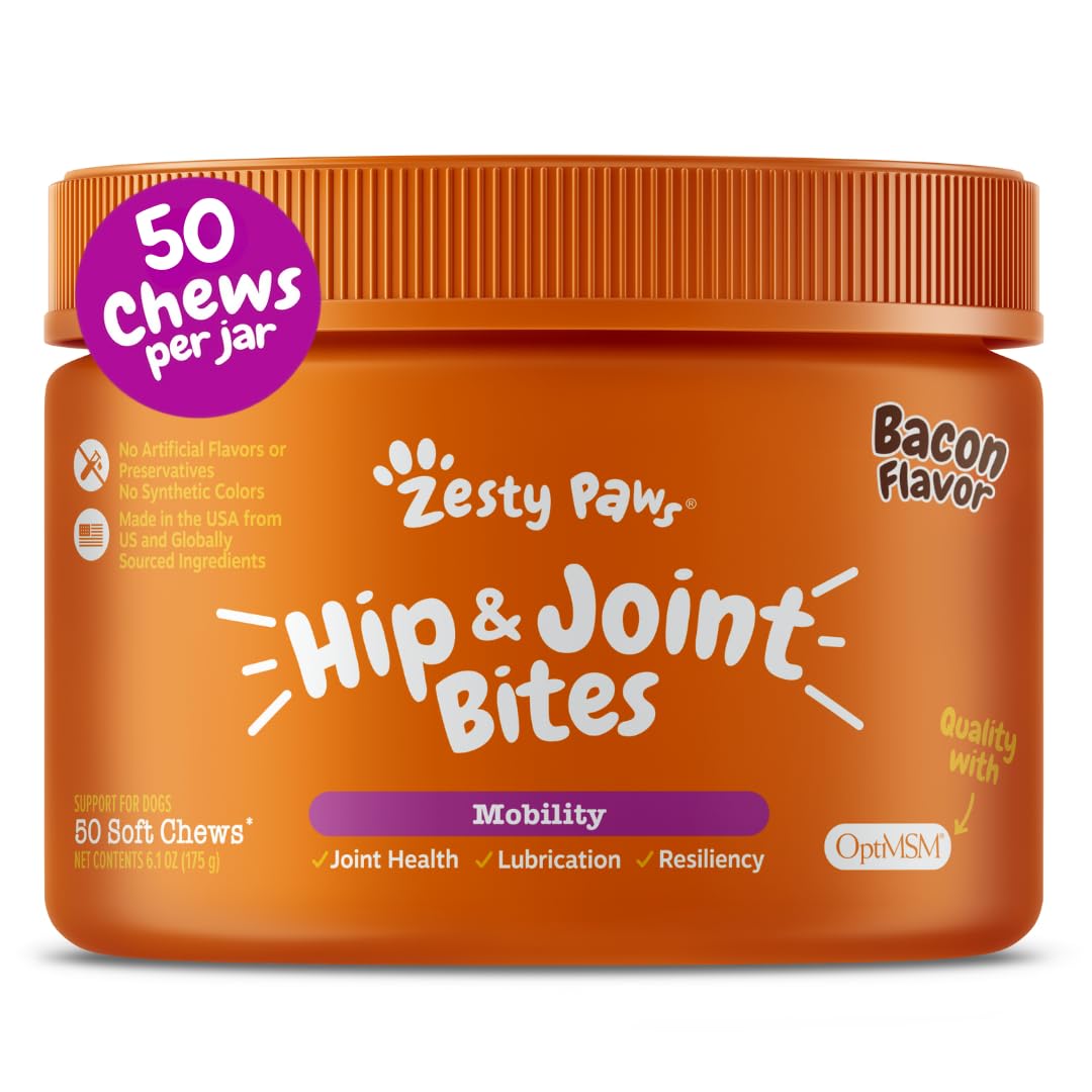 Zesty Paws Hip and Joint for Dogs, Glucosamine for Dogs Hip and Joint Supplement with Chondroitin, MSM, Vitamins C & E - Bacon, 50 Count