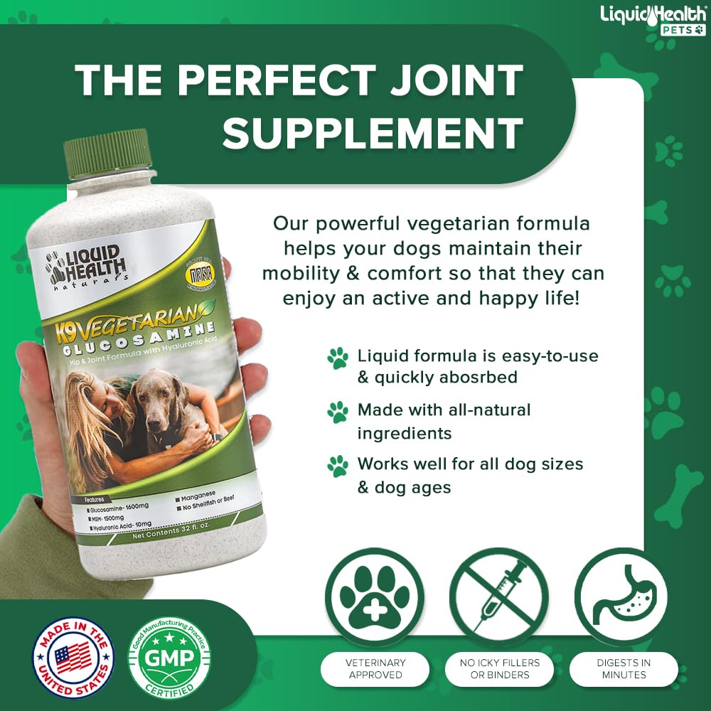 LIQUIDHEALTH Pets K9 Vegetarian Liquid Glucosamine Juice for All Dogs Canines with Chondroitin, MSM, Omega 3, Antioxidants, Hyaluronic Acid - Dog Vitamin Oil for Hip & Joint Health - USA Made (3 Pack)