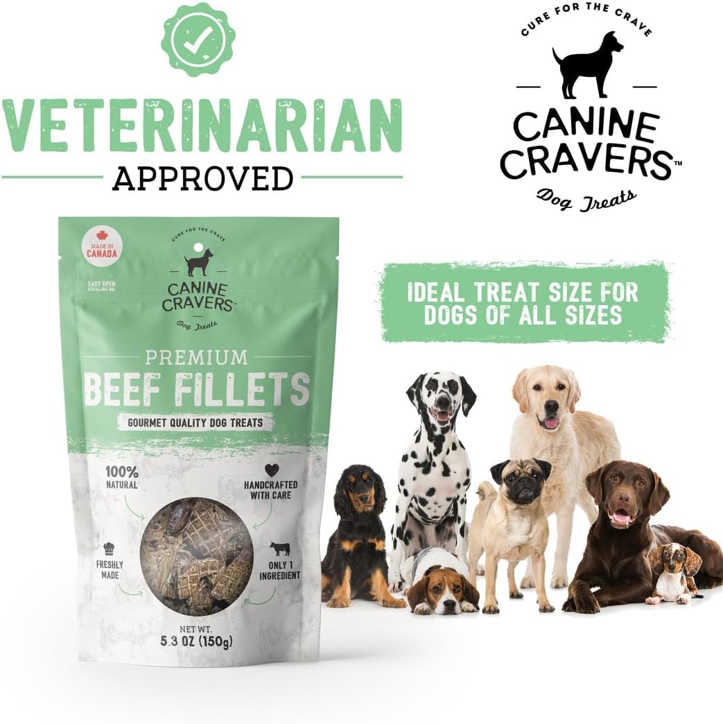 Canine Cravers Single Ingredient Dog Treats – Premium Beef Fillets - Human Grade Air Dried Hypoallergenic Pet Food – Grain, Gluten, and Soy Free – 100% All Natural - 5.3 oz