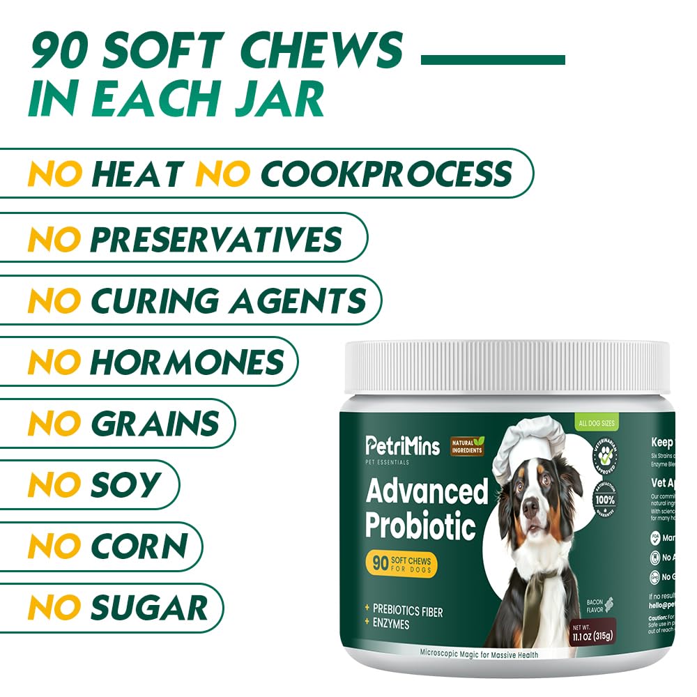 PetriMins Advanced Probiotic for Dogs, Supports Digestive Health, Immune Health, Gut Health, Improves Nutrient Absorption - Six Strains of Probiotics - Inulin - Enzyme Blend, 90-Count, Bacon