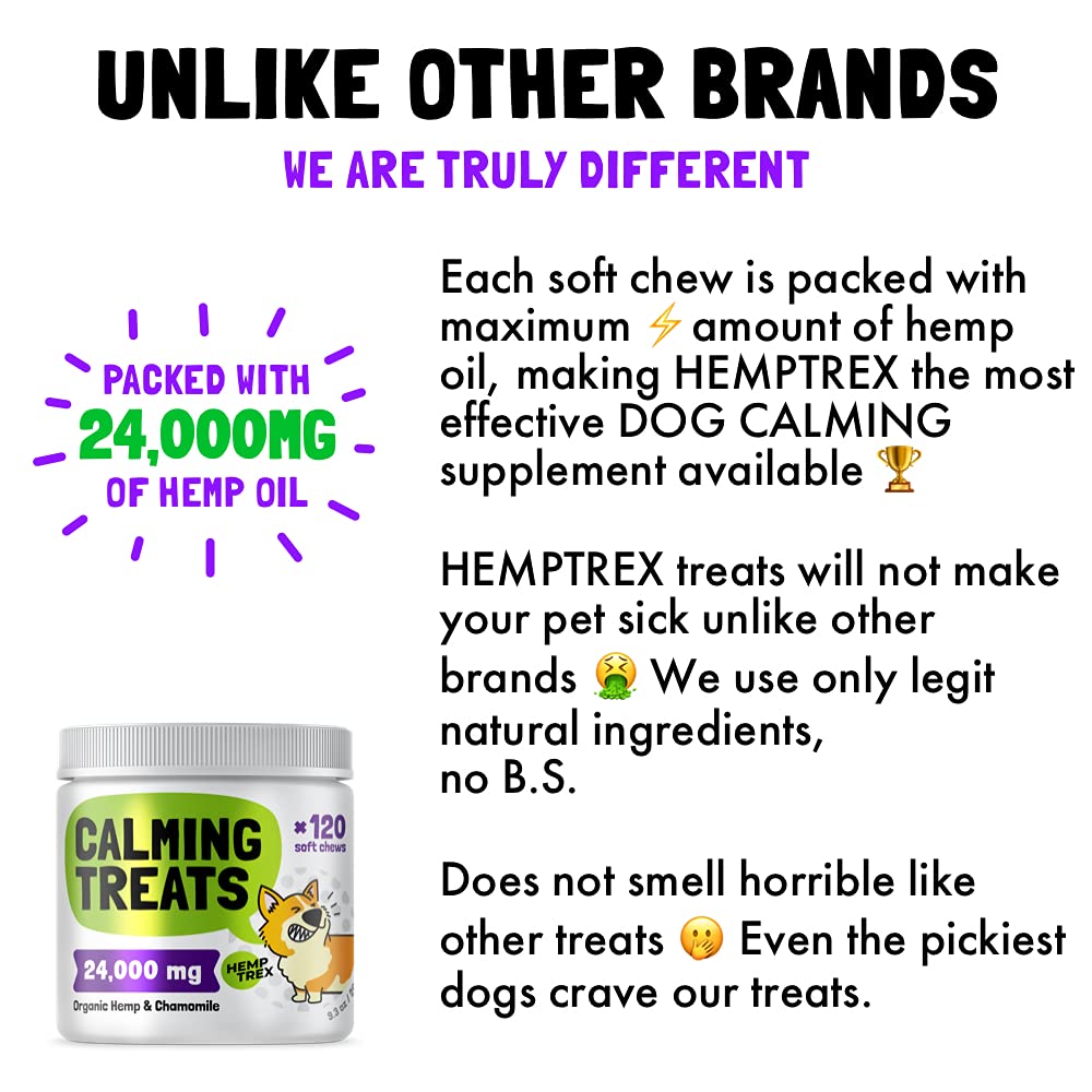 Calming Hemp Treats for Dogs - Made in USA with Organic Hemp - Dog Anxiety Relief - Natural Separation Aid - Helps with Barking, Chewing, Thunder, Fireworks, Aggressive Behavior - 120 Soft Chews