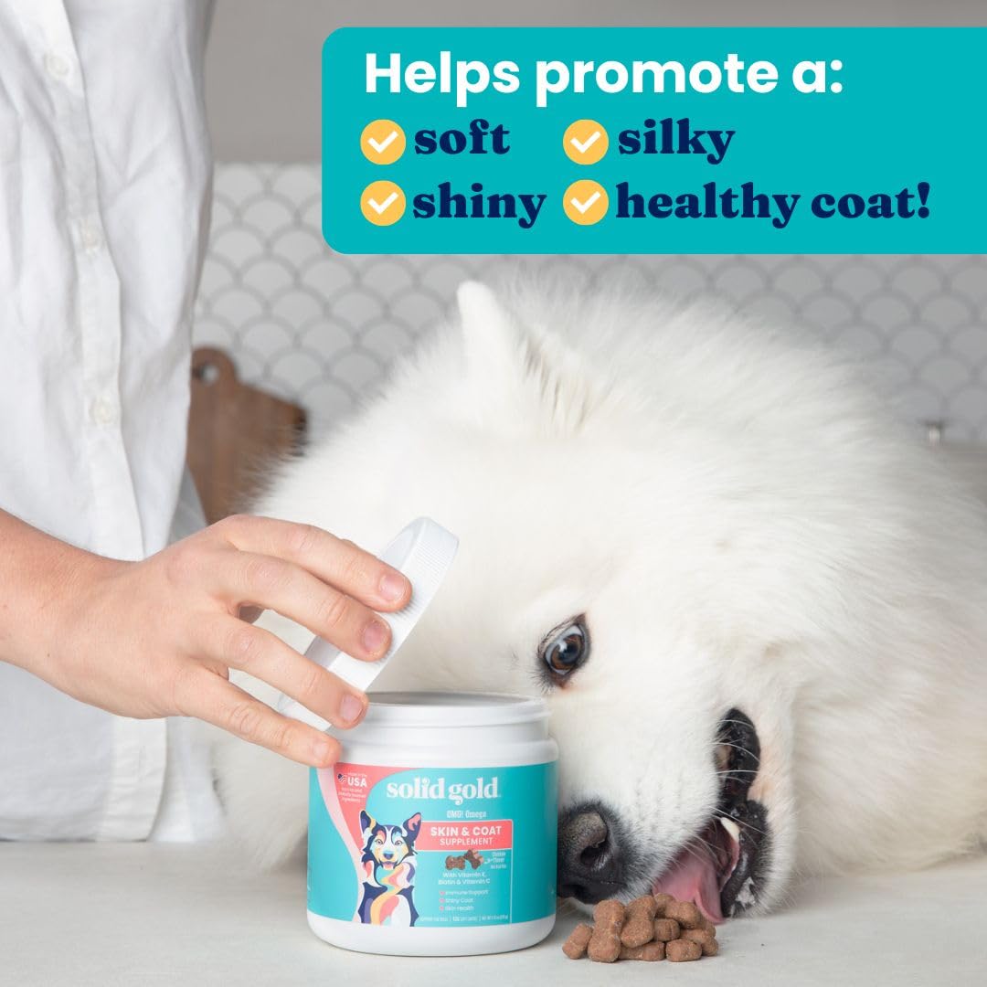 Solid Gold Omega 3 Fish Oil for Dogs Soft Chews - Chicken Flavored Omega 3 for Dog Skin & Coat Health - Vitamin C, E & Biotin Chews for Dry Skin, Immune Support & Itch Relief for Dogs - All Ages 120ct