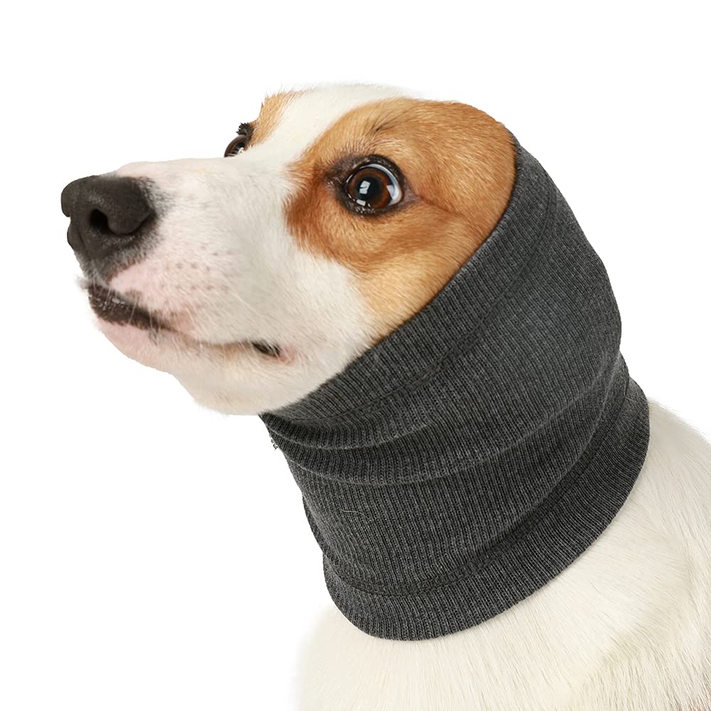 Meifsou Dog Calming Head Wrap, No Shake Quiet Ears for Dogs Anxiety Relief, Original Ear Covers Pet Calming Hoodie for Thunder, Lightning, Fireworks, Vet Visits, High Stretch Ribbed Fabric, Grey M