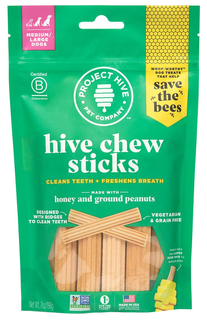 Dental Treats for Dogs Ñ Healthy, Non-GMO Project Verified, Natural Peanut Butter Flavored, Natural, Vegetarian Chews, Made in The USA (Chew Sticks, Large Breeds)