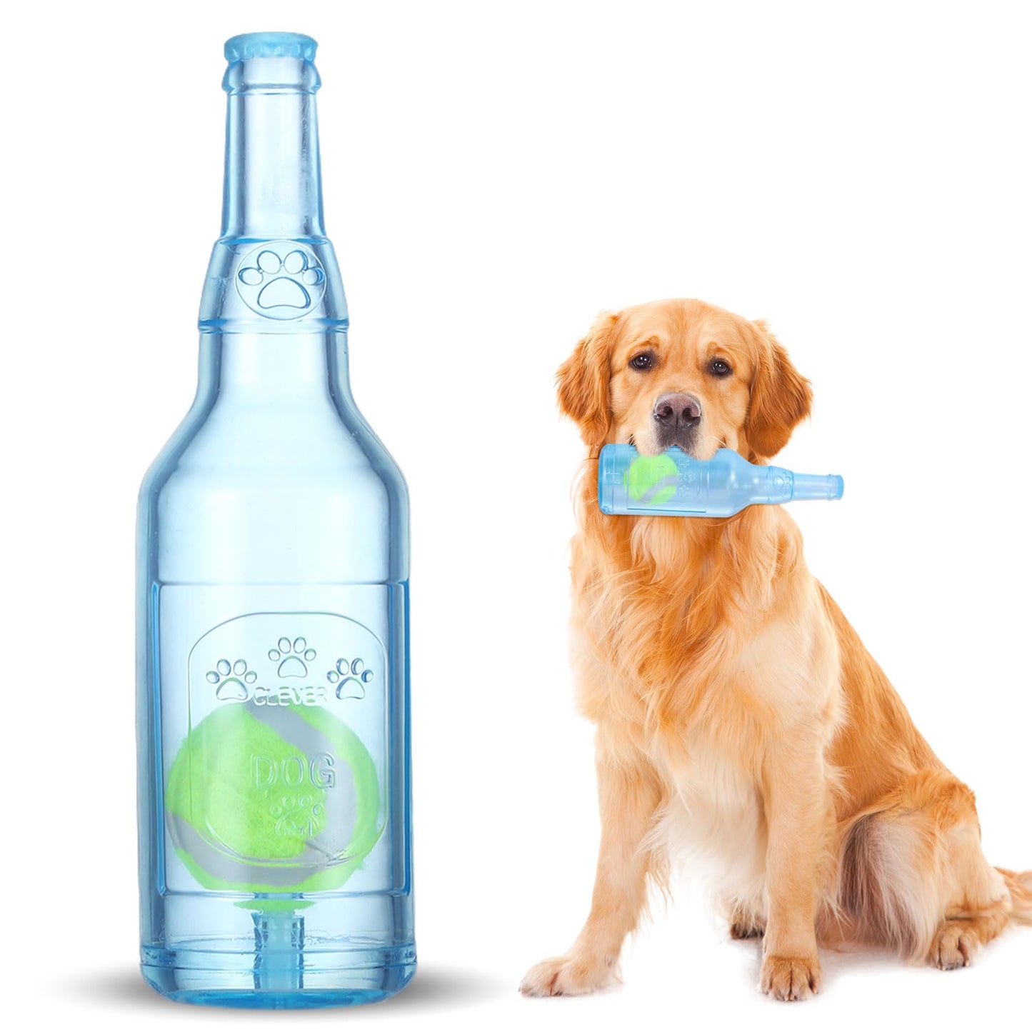 Water Bottle Dog Toy, Tennis Ball in a Bottle Dog Toy, Cute Squeaky Chew Toy for Dogs, Floating Crunchnplay Interactive Fetch Toy Bottle for Small Dogs Exercise and Accompany (Blue)