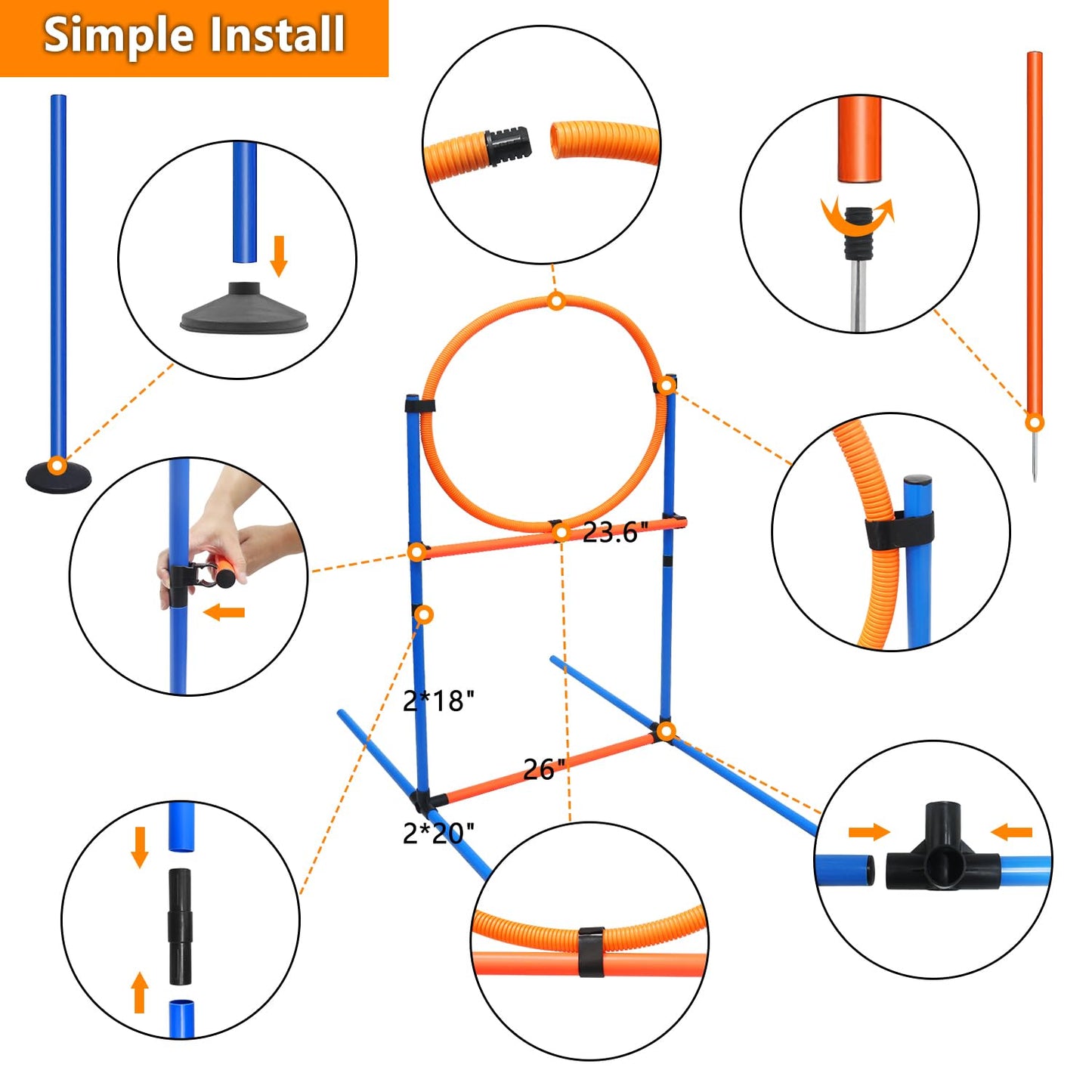 Dog Agility Training Equipment Set Outdoor Indoor Game, Tire Jump + Hurdle Jump, Tunnel, Weave Poles, Pause Box, 2 Toy Balls, 2 Flying Discs, 1 Whistle, 1 Bag, Backyard Premium Dog Obstacle Course Kit