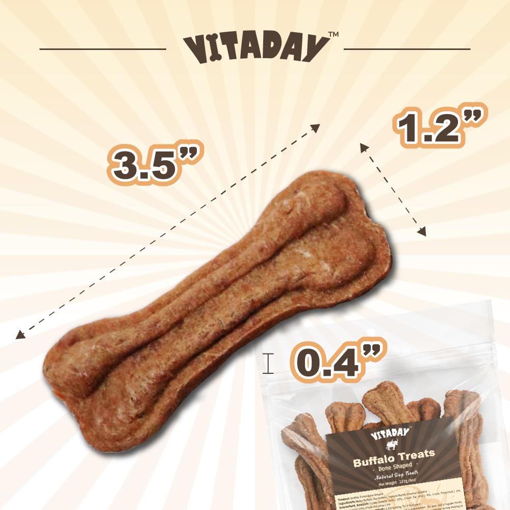 VITADAY Buffalo Dog Treats Bone 8oz, Natural Low-Fat Chews for Training & Rewards, Limited Ingredient, Dogs & Puppies