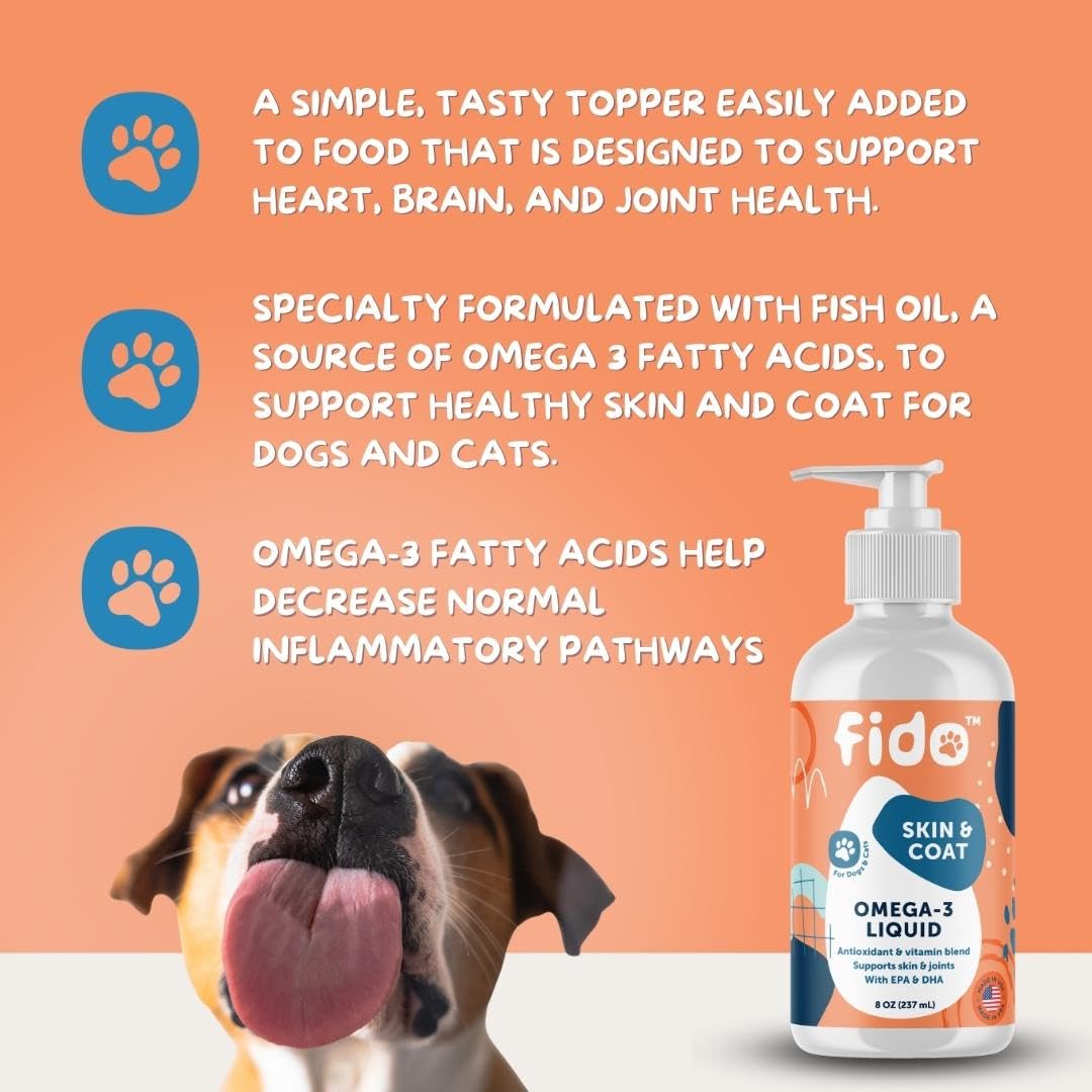 Fido Omega 3 Fish Oil for Dogs, 8 oz | EPA & DHA-Enriched for Skin, Coat, Joint & Heart Health | Tasty Supplement for All Breeds | Made in USA | Ideal for Sensitive Skin