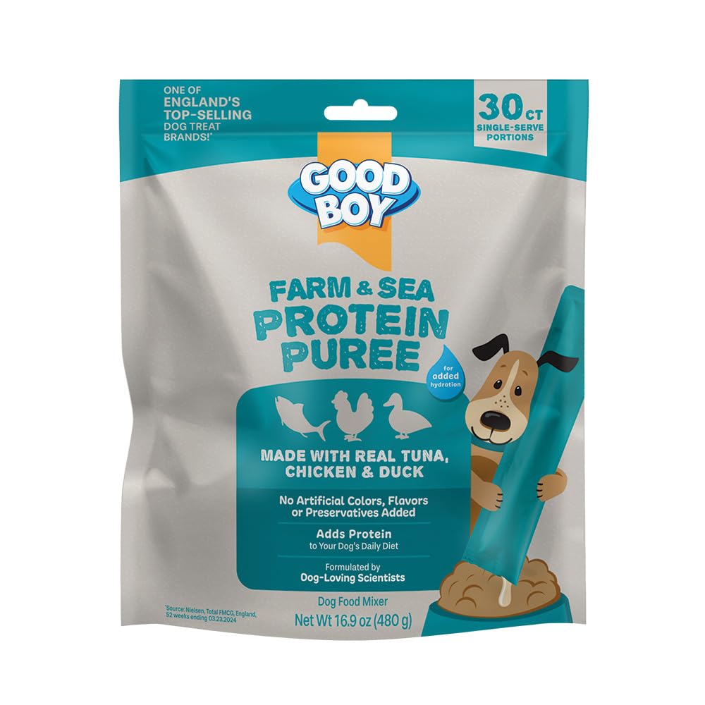 GOOD BOY Farm & Sea Protein Purees Dog Food Mixers for All Adult Dogs, 30 Count, Easy Single-Serve Triple Flavor Topper Treats with Tuna, Chicken and Duck
