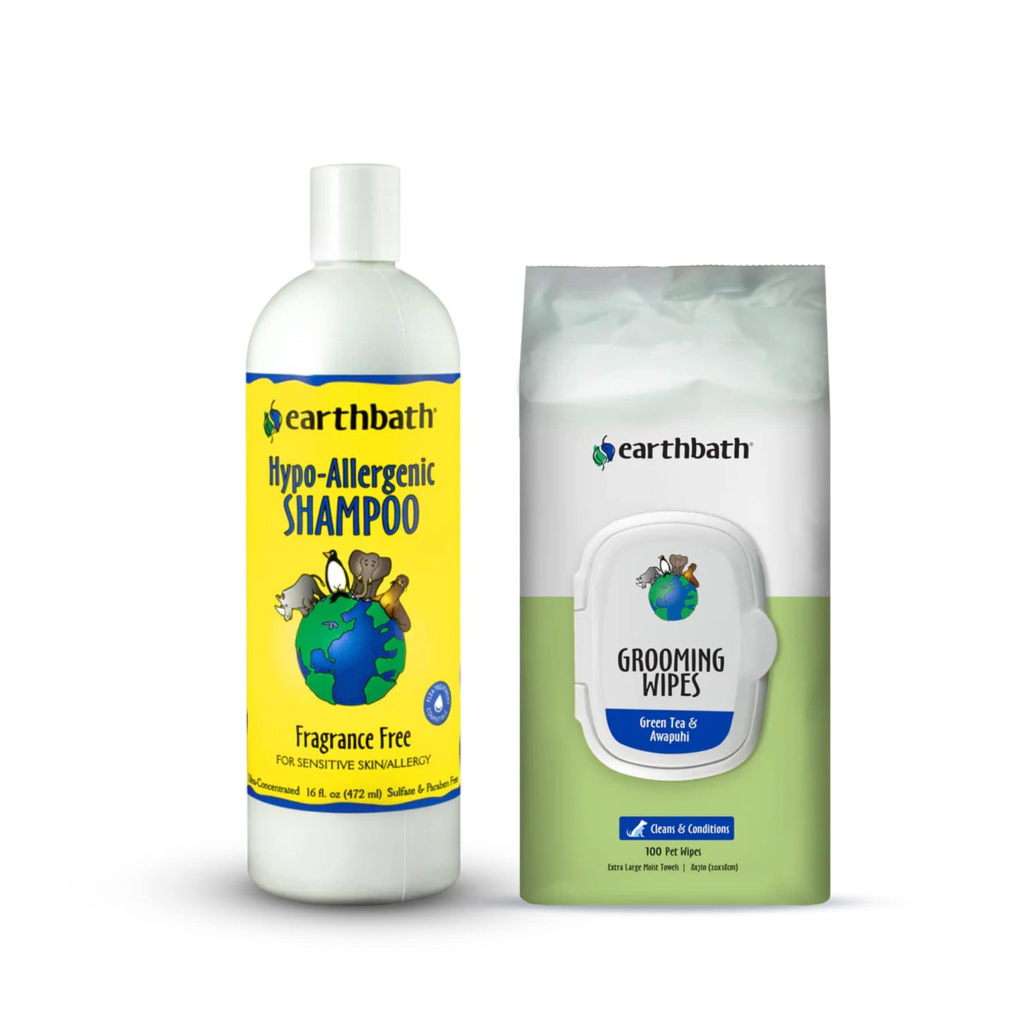 earthbath, Hypoallergenic Dog Shampoo and Green Tea & Awapuhi Grooming Wipes - Fragrance Free Dog Shampoo for Allergies and Itching, Dog Wipes for Paws and Butt, Cruelty-Free - 16 Oz, 30 Wipes