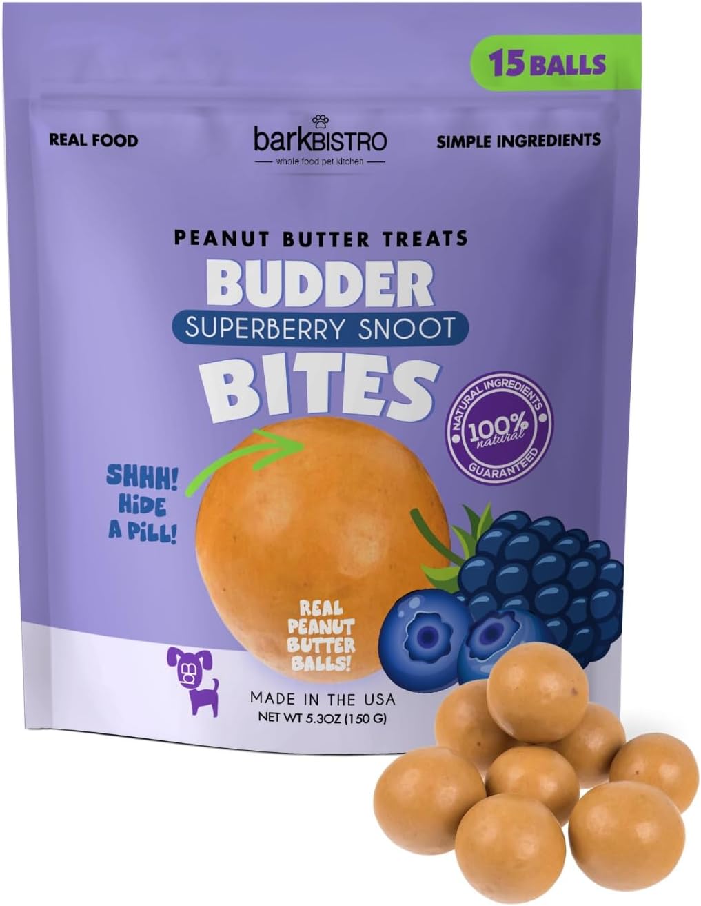 BUDDY BUDDER Superberry Snoot Bites, Natural Peanut Butter Dog Treats with Berry Flavor, Soft Peanut Butter Ball Treat or Use to Hide-A-Pill, 15 Balls, 5.3oz