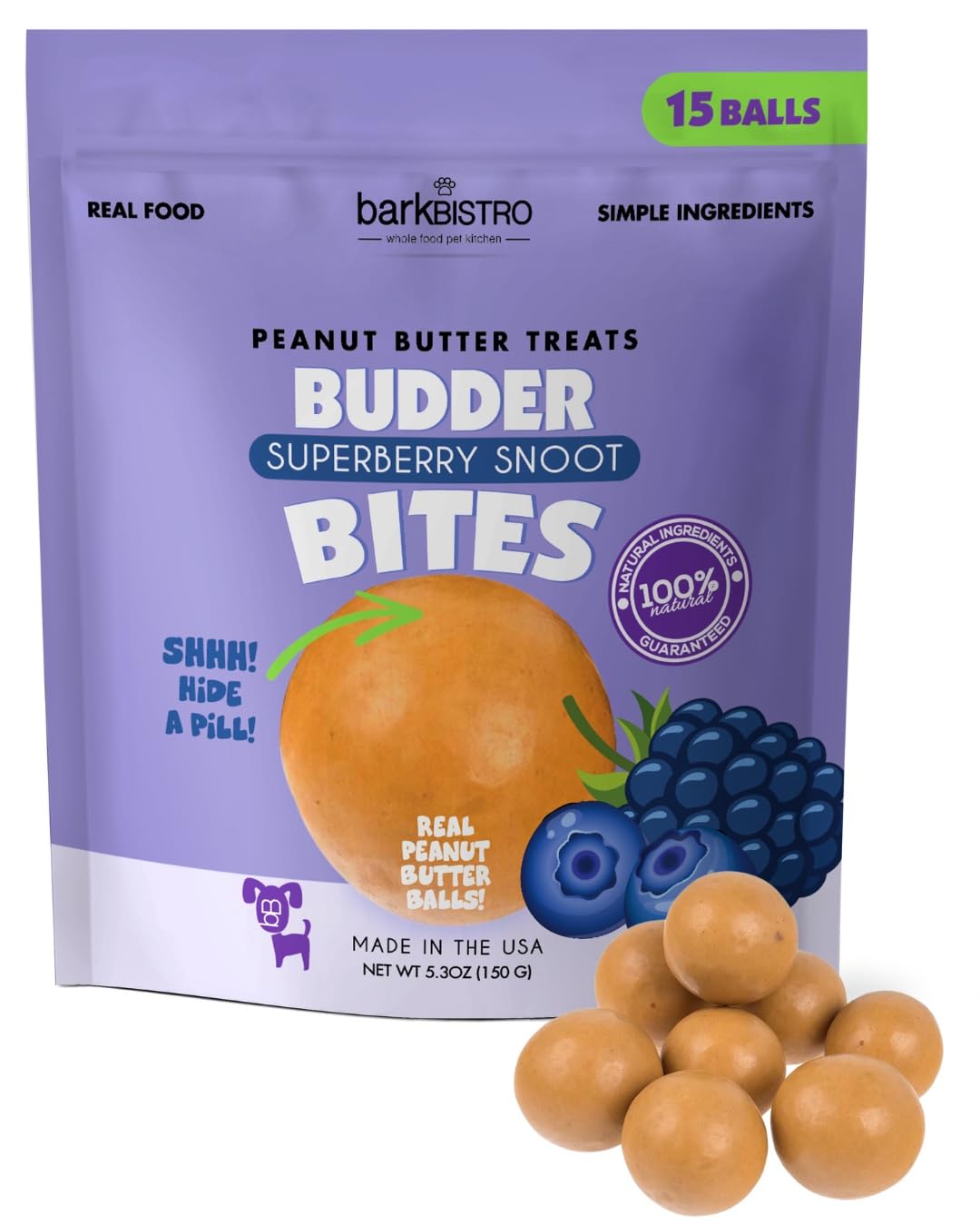 BUDDY BUDDER Superberry Snoot Bites, Natural Peanut Butter Dog Treats with Berry Flavor, Soft Peanut Butter Ball Treat or Use to Hide-A-Pill, 15 Balls, 5.3oz