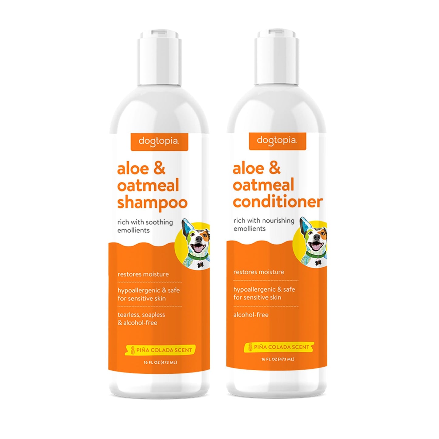 Aloe & Oatmeal Dog Shampoo and Conditioner Combo - Skin Safe Hydration, Emollient Rich, Moisturizing (Shampoo & Conditioner Set) - 2X 16oz Bottles w/Pina Colada Scent