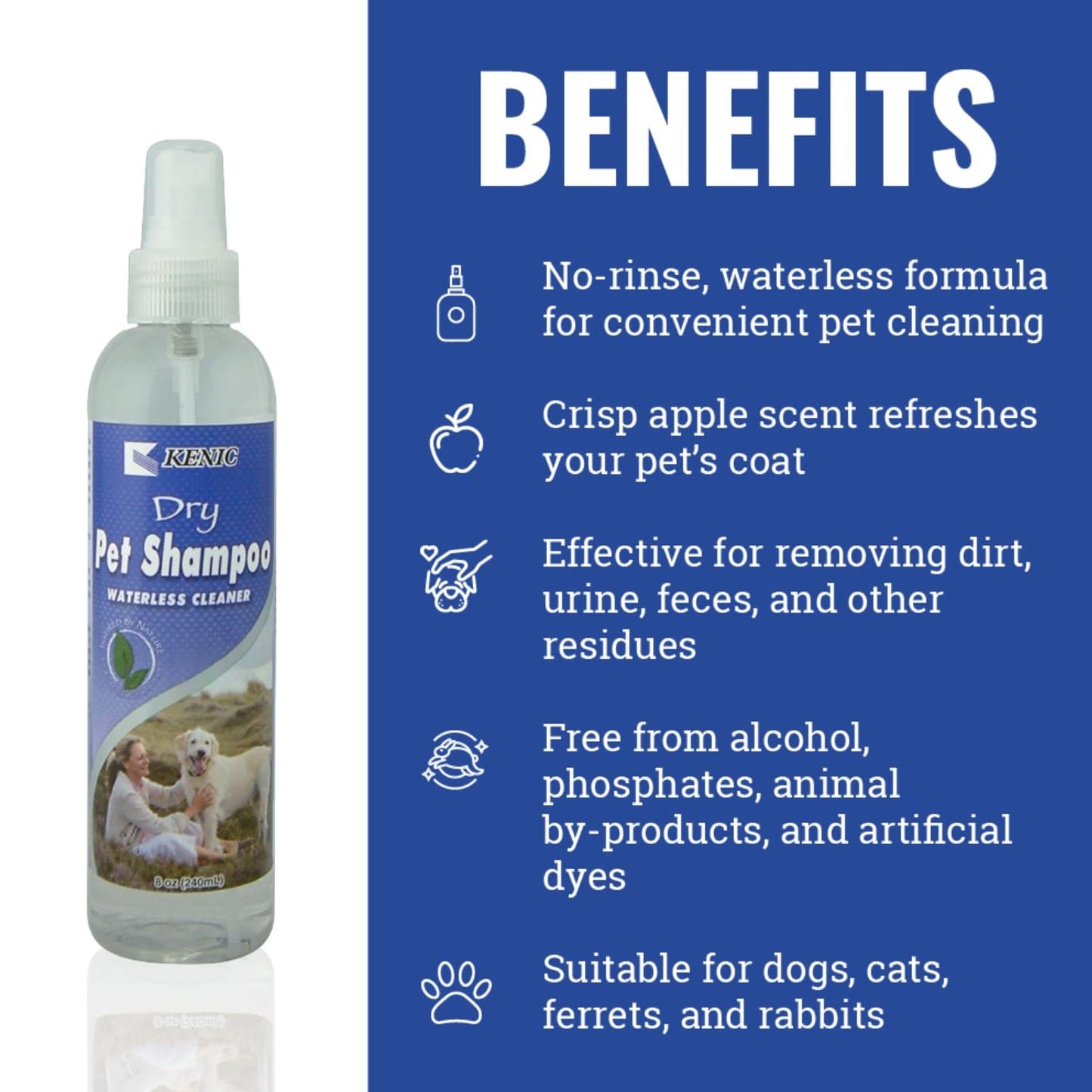 Kenic Refreshing Apple-Scented Pet Dry Pet Shampoo Spray Cleanser for Dogs, Cats, Ferrets & Rabbits, Spot Clean Spray, No Rinse Formula, 8oz