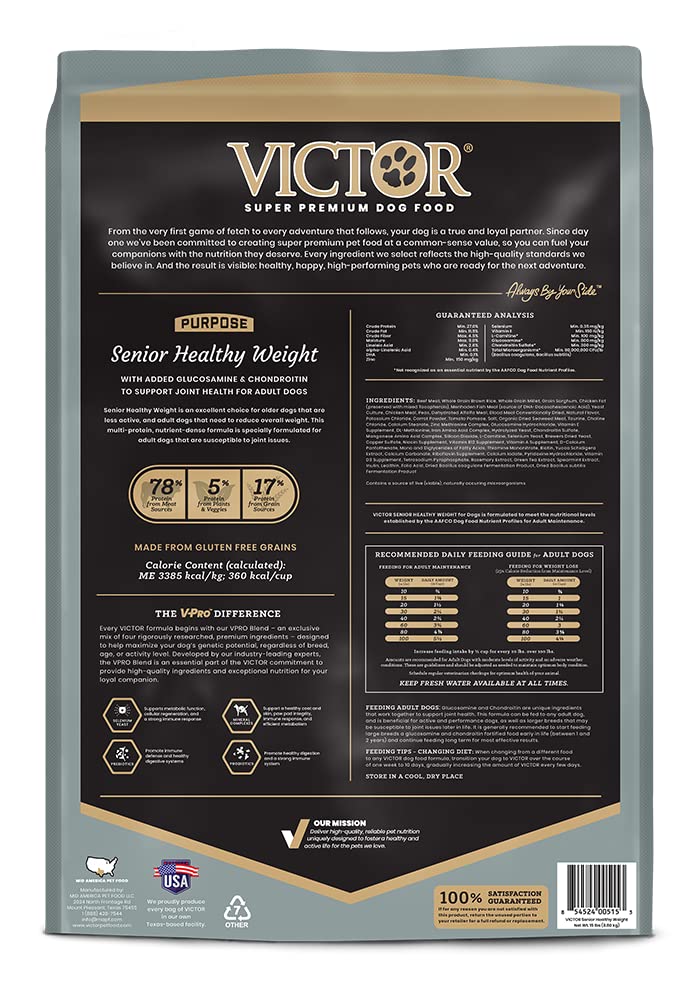 VICTOR Super Premium Dog Food – Purpose – Senior Healthy Weight Management – Dry Dog Food for Adult Dogs – Gluten Free with Glucosamine and Chondroitin, for Hip and Joint Health, 15lbs