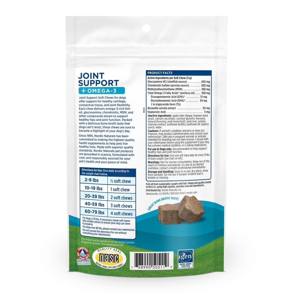 Nordic Naturals Pet Joint Support + Omega 3 Soft Chews for Dogs, Pork Bone Broth Flavored - Promotes Mobility, Hip and Joint Support with Omega-3 Fish Oil, MSM, EPA & DHA - 30 Non-GMO Chews