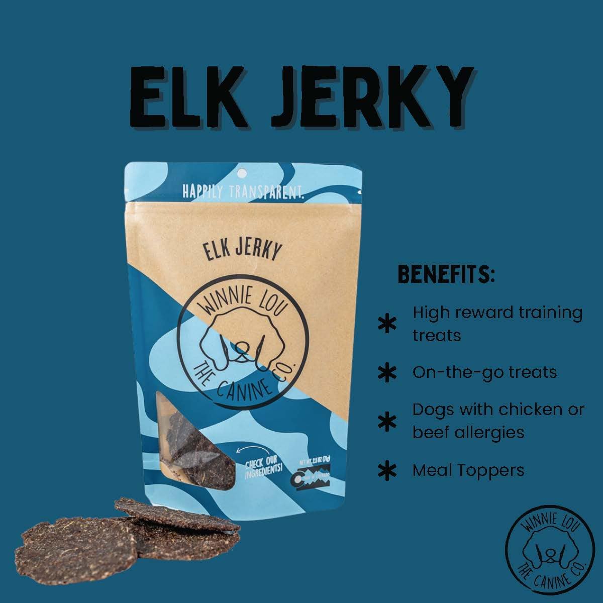 Winnie Lou Elk Jerky Dog Treats – Limited Ingredient, Human Grade, Training Treats for Small, Medium & Large Dogs, Made in USA (1 Pack)