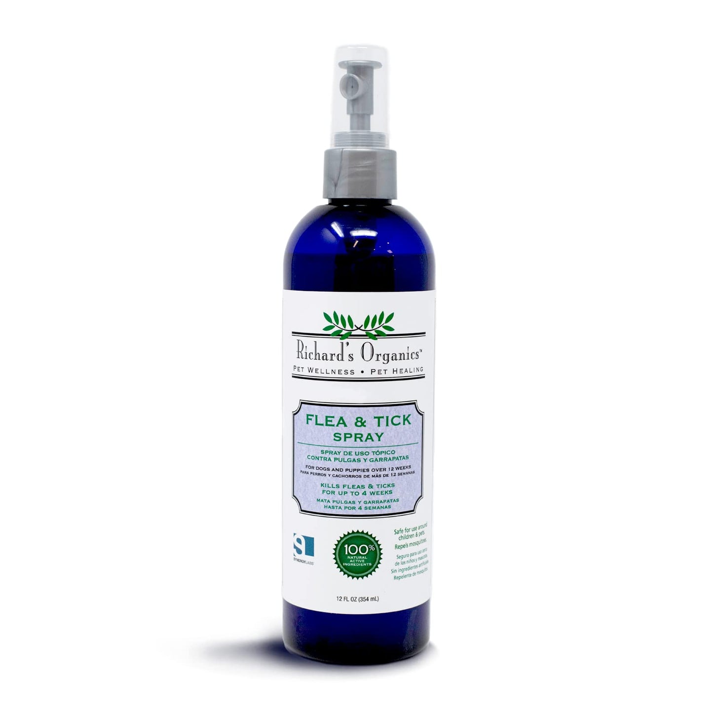 Richard’s Organics Gentle Flea and Tick Spray for Dogs –100% Natural Actives Kills Fleas, Ticks, Repels Mosquitos for Up to 4 Weeks – No Harsh Chemicals, Safe for Use Around Children (12 oz)
