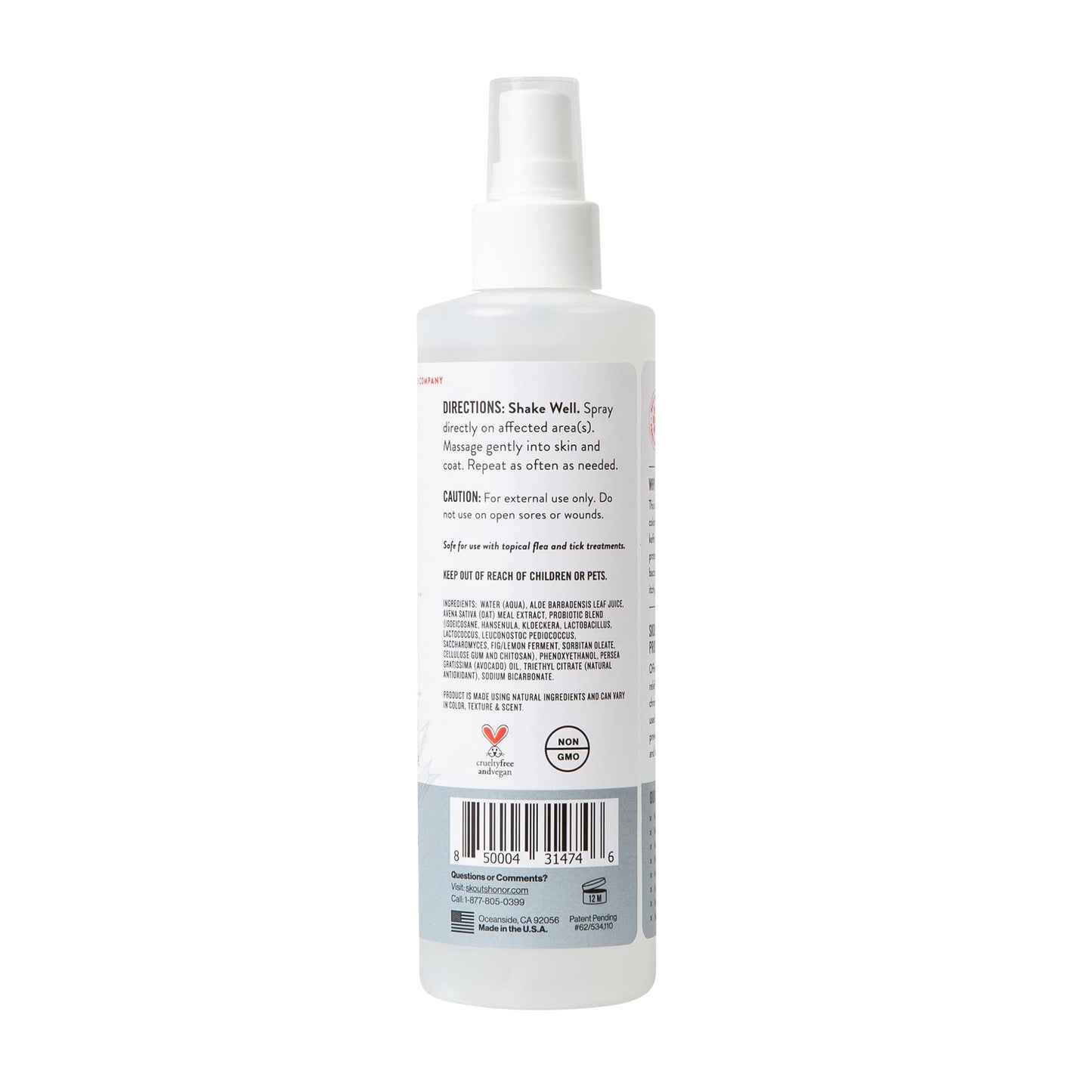 SKOUT'S HONOR Probiotic Itch Relief Spray for Pets - Non-Medicated, Fragrance-Free, Natural, Vegan, Long-Lasting Relief, with Soothing Aloe & Avocado Oil, 8 oz