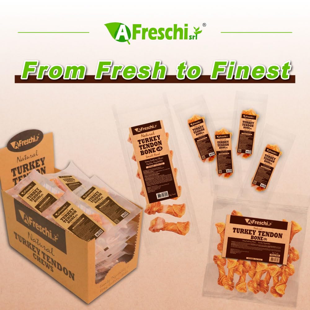 AFreschi Natural Turkey Tendon Bone (S) 40 Units/Box, Dog Treats for Signature Series, All Natural Human Grade Puppy Chew, USA-Sourced Turkey Tendon, Hypoallergenic, Rawhide Alternative