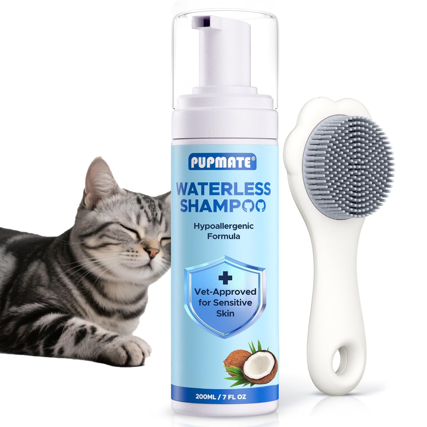 Cat Waterless Shampoo with Brush - No Rinse Formula for Quick Clean Between Baths, Hypoallergenic & Detangling, Reduce Itchy Skin Shedding, Vet-Recommended for Kittens/Senior Cats, Coconut Scent